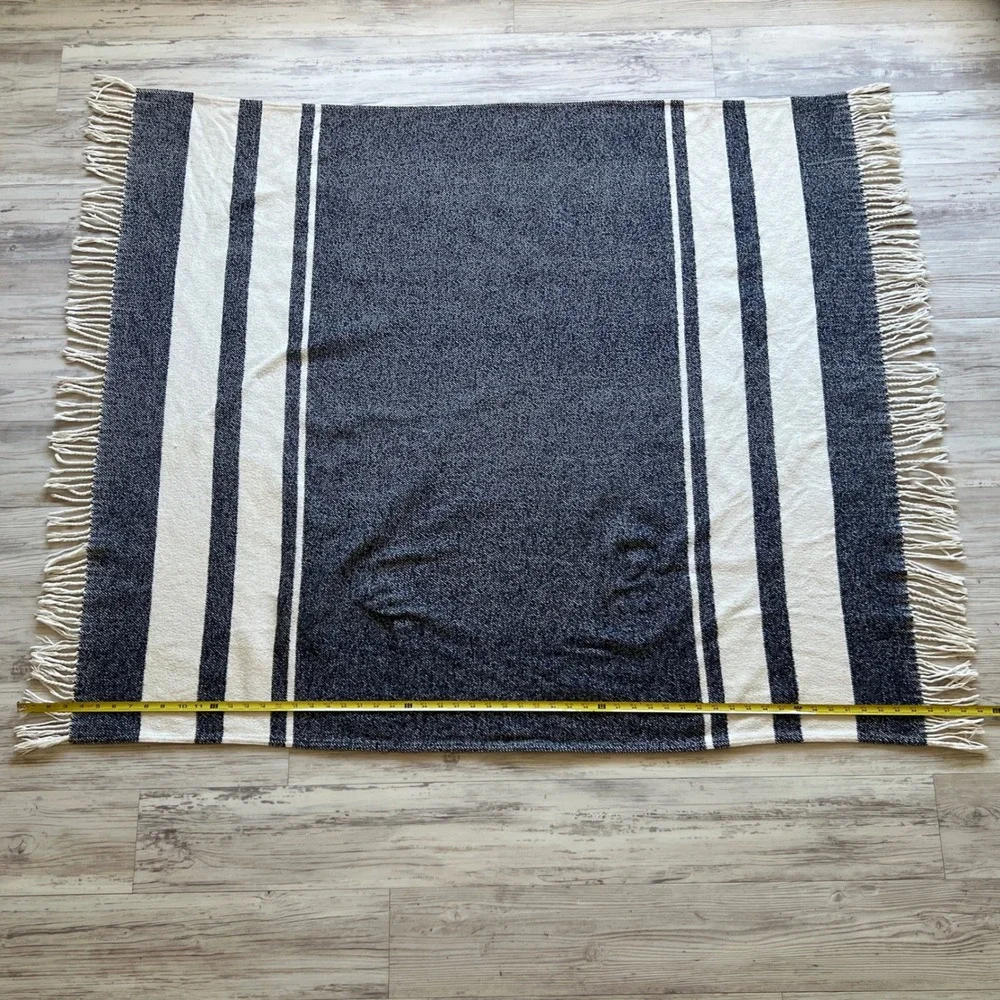 Roca Home Navy White Striped Woven Throw Blanket Fringe 50x67 Made in Portugal